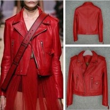 Jaqueta de couro vermelha feminina pele de cordeiro real jaqueta de motociclista P M G XL 2XL nova comprar usado  Enviando para Brazil