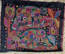 ORIGINAL ETNOGRÁFICO KUNA MOLA FEITO À MÃO TÊXTIL DOIS GATOS ONÇA ANIMAL PANAMÁ , usado comprar usado  Enviando para Brazil