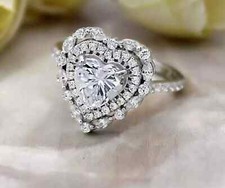 Anel duplo halo folheado a ouro branco 14K formato coração diamante simulado coração 3 quilates comprar usado  Enviando para Brazil