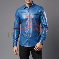 Camisa masculina de couro de cordeiro real azul manga longa frente 1 bolso slim fit comprar usado  Enviando para Brazil