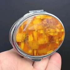 Caixa de espelho compacta maquiagem vintage caixa de pó decoração de metal âmbar báltico genuíno comprar usado  Enviando para Brazil