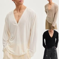 Camiseta masculina manga longa gola V clássica casual slim fit comprar usado  Enviando para Brazil