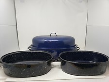 Conjunto de 2 assadeiras vintage de granito esmalte salpicado azul 13" e 17" gotejamento, usado comprar usado  Enviando para Brazil