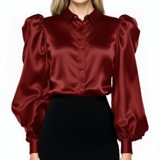 Blusa feminina marrom cetim puff manga longa botão para baixo camisa casual trabalho desgaste comprar usado  Enviando para Brazil