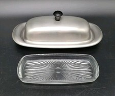Prato de manteiga vintage de aço inoxidável 3 peças com inserção de vidro 1 palito de manteiga   comprar usado  Enviando para Brazil