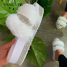 Chinelos femininos de luxo de pele de strass plataforma salto cunhas escorregadores peludos macios comprar usado  Enviando para Brazil