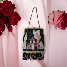 Antiga Bolsa de Contas de Semente de Vidro Art Nouveau Elegante Bolsa de Noite com Franjas Igreja, usado comprar usado  Enviando para Brazil