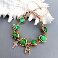 Pulseira de vidro verde Murano folheada a ouro borda letras crucifixo charme ajustável comprar usado  Enviando para Brazil