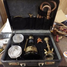 tigela de vidro boêmia verde vintage e narguilé de latão, cachimbo de água em estojo de transporte comprar usado  Enviando para Brazil