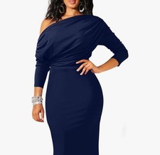 Vestido vestido feminino L azul marinho maxi fora do ombro plissado manga longa bodycon novo comprar usado  Enviando para Brazil
