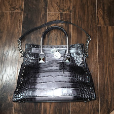 Usado, Bolsa tote Michael Kors cinza crocodilo couro cravejado em relevo bolsa satchel comprar usado  Enviando para Brazil