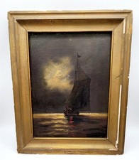 Pintura a óleo antiga vintage noturna marítima luar veleiro 9x12" comprar usado  Enviando para Brazil