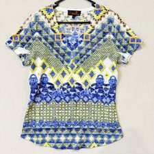 Blusa Seven Sisters manga curta gola V azul amarelo mosaico Aioli tamanho 3 comprar usado  Enviando para Brazil
