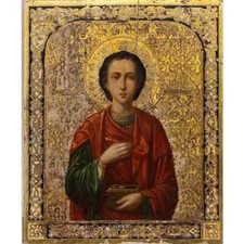Antigo ícone russo de São Panteleimon têmpera ouro em madeira raro comprar usado  Enviando para Brazil