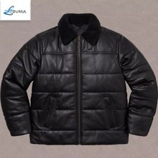 Jaqueta de couro preta acolchoada inverno colarinho pele de cordeiro real bombardeiro acolchoado comprar usado  Enviando para Brazil