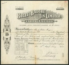 Nigéria: Begel (Bauchi) Tin Limited, 5/- ações, 1913, preto, muito bom estado comprar usado  Enviando para Brazil