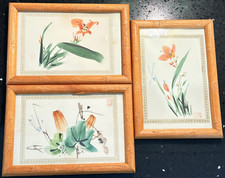 Conjunto de 3 pequenos quadros japoneses pintados à mão de flores e libélulas assinado por artista comprar usado  Enviando para Brazil