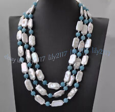 Colar 3 fileiras retangular natural branco água doce pérola azul água-marinha 17-19"" comprar usado  Enviando para Brazil