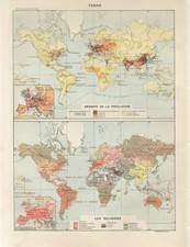 1897 DENSIDADE POPULACIONAL MUNDIAL DE PESSOAS E RELIGIÕES Mapa Litográfico Antigo Larousse comprar usado  Enviando para Brazil