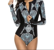 Maiô manga longa XL preto turquesa zíper frontal peça única surf esporte aquático novo comprar usado  Enviando para Brazil