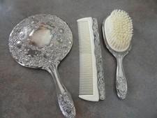 Vintage Boudoir Vanity Conjunto de Higiene Feminino Espelho, Pente, Pincel, Placa de Prata comprar usado  Enviando para Brazil