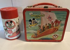 Lancheira e garrafa térmica vintage de metal, Walt Disney, Mickey Mouse Club, Aladdin, 1977 comprar usado  Enviando para Brazil