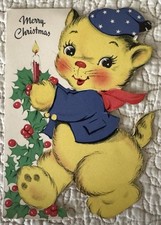Cartão de Natal vintage gato gatinho vela azevinho década de 1930 década de 1940 Gibson comprar usado  Enviando para Brazil