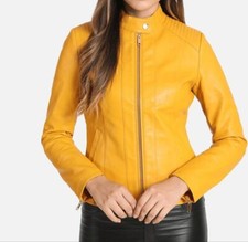 Jaqueta de couro amarela pele de cordeiro genuína feminina motocicleta slim fit jaqueta de motociclista comprar usado  Enviando para Brazil