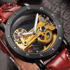 Relógio masculino luxuoso automático transparente mecânico pulseira de couro marrom esqueleto comprar usado  Enviando para Brazil