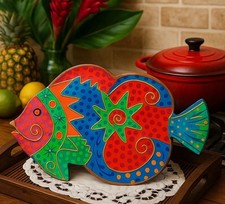 🐠 Pintado à mão / Arte popular - Bandeja de peixe de madeira / Tábua de servir decorativa. Retrô comprar usado  Enviando para Brazil
