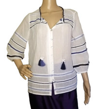 Blusa J Jill branca camponesa abotoada gravata com bordado azul borla XS NOVA SEM ETIQUETAS.  T34, usado comprar usado  Enviando para Brazil