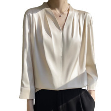 Camisa feminina de manga comprida de seda Mulberry cetim matinal chiffon gola V comprar usado  Enviando para Brazil