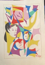 ACUARELA PINTURA CHAIM GROSS CON CARAS COLORIDAS Y PÁJARO ABSTRACTO ~ FIRMADA segunda mano  Embacar hacia Mexico