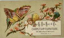 Cartão comercial de fadas e borboletas da década de 1880 - Loja de móveis e carpetes Newark NJ vitoriana comprar usado  Enviando para Brazil