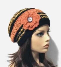 Usado, gorro de crochê feminino feito à mão chapéu flor sulco enferrujado sopros de mostarda vendedor dos EUA comprar usado  Enviando para Brazil
