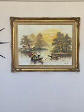 Linda pintura a óleo emoldurada de barco de pesca japonês grande de meados do século e vila comprar usado  Enviando para Brazil