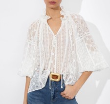 NOVA Blusa Feminina Alice + Olivia Renda Branca Decote Amarrado Manga Lanterna Top  comprar usado  Enviando para Brazil