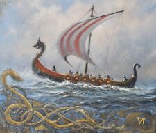 INCRÍVEL PINTURA VIKING LONGSHIP ORIGINAL VIKINGS ARTE À VELA LONGBOAT NÓRDICA! comprar usado  Enviando para Brazil