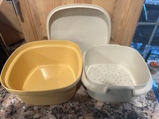 Usado, Vintage Tupperware 3 Peças 9x9 Vaporizador Legumes Arroz Colheita Ouro Microondas comprar usado  Enviando para Brazil