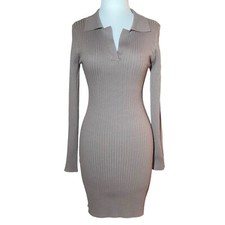 Mini vestido de malha LOVE TREE manga longa com nervuras tamanho M bege gola V stretch comprar usado  Enviando para Brazil