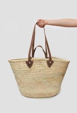 CESTA DE PAJA Hecha a Mano con Asas de Cuero, Bolso Cesta Mercado Francés Talla XL segunda mano  Embacar hacia Mexico