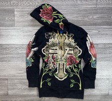 Moletom com capuz Christian Audigier com zíper rosas cruzadas estampa por toda parte preto feminino tamanho M comprar usado  Enviando para Brazil