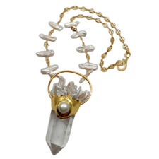 Colar corrente pingente pérola biwa branco ponta quartzo natural transparente 21" comprar usado  Enviando para Brazil
