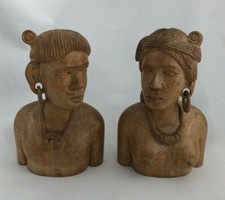 Par de esculturas de busto tribal de mujer y hombre talladas a mano de madera de teca   segunda mano  Embacar hacia Mexico