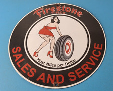 Usado, Placa de porcelana vintage de pneus Firestone - Serviço de vendas de pneus automotivos bomba de gasolina comprar usado  Enviando para Brazil