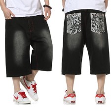 Shorts jeans masculino ajuste relaxado hip hop jeans fertilizante calça preta solta comprar usado  Enviando para Brazil