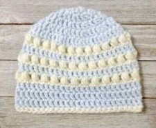 Chapéu de crochê feito à mão bebê recém-nascido gorro creme azul puffs vendedor dos EUA comprar usado  Enviando para Brazil