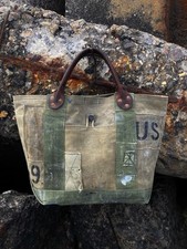 Bolsa tote de lona encerada vintage reformulada resistente exército alças de couro militar, usado comprar usado  Enviando para Brazil