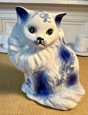 Estatueta vitoriana de gato persa Staffordshire com olhos verdes decoração azul e branca comprar usado  Enviando para Brazil
