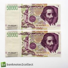 ITÁLIA: 2 x 50.000 notas de liras italianas com números de série consecutivos. comprar usado ITÁLIA: 2 x 50.000 notas de liras italianas com números de série consecutivos. comprar usado  Enviando para Brazil